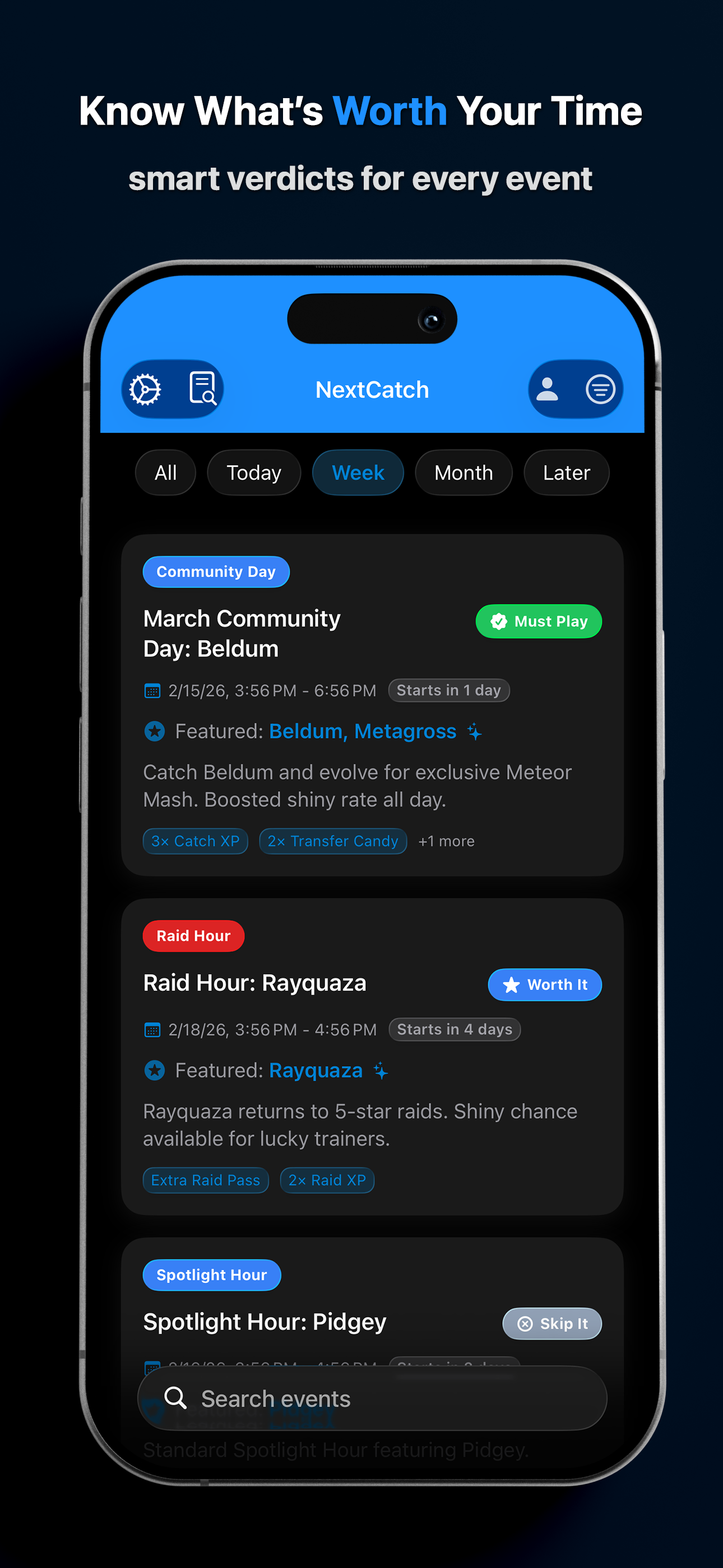 NextCatch event list showing upcoming Pokémon GO events with priority labels