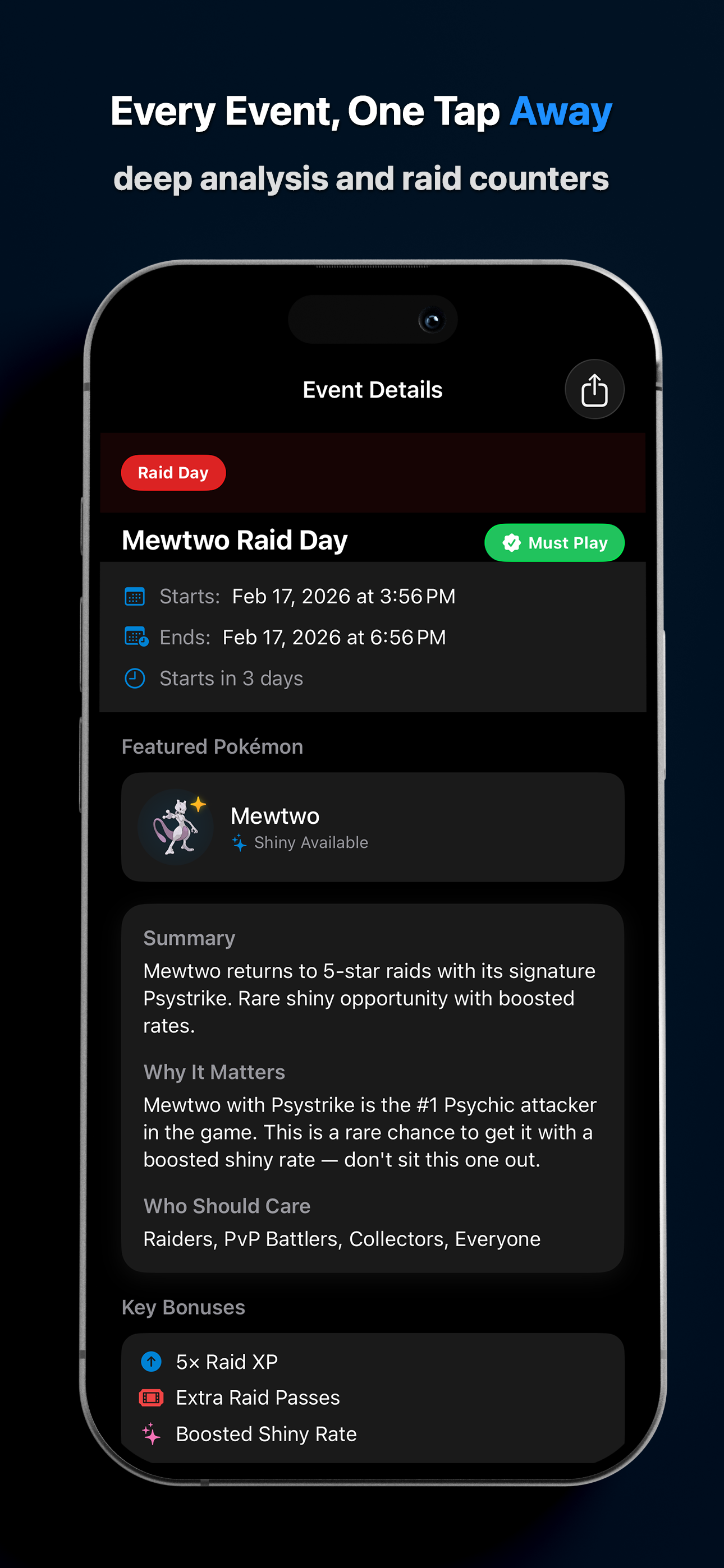 NextCatch event detail view with deep analysis and raid counters