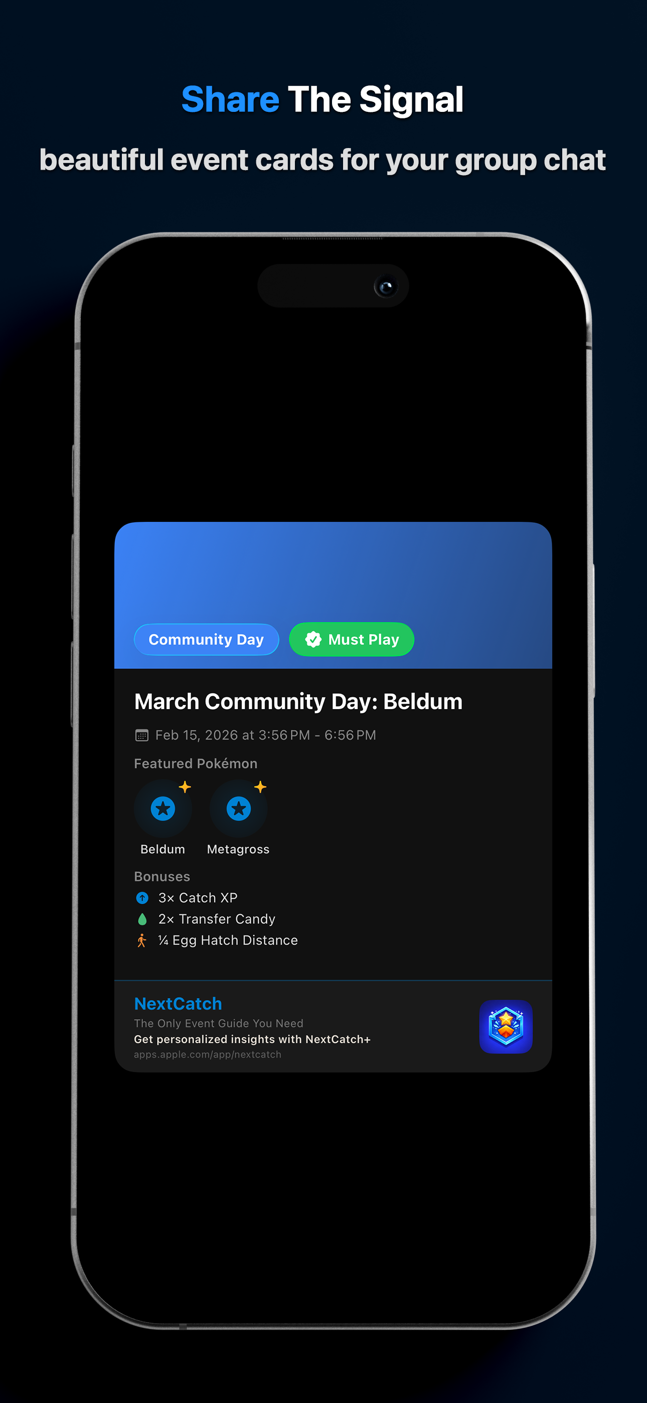 NextCatch shareable event cards for group chats